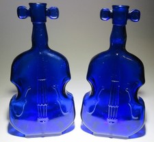 Vintage Violin- Shaped Cobalt Blue Bottle Glass- Set Of (2) approx 8"