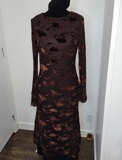 ZESICA Women's L Brown Velvet Burnout Floral Maxi Dress Long Sleeve Pockets