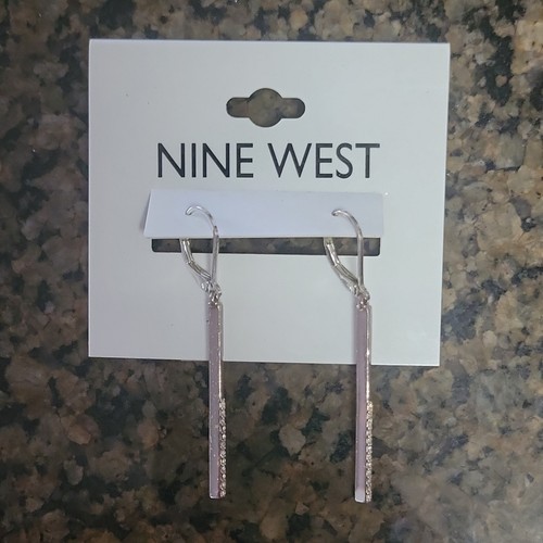 Nine West Silver Tone Crystal Rhinestone Dangle Rectangle Leverback Earrings