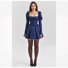 HOUSE OFCB'Venetia'Midnight Satin Puff Sleeve Mini Dress /Size XS longer length