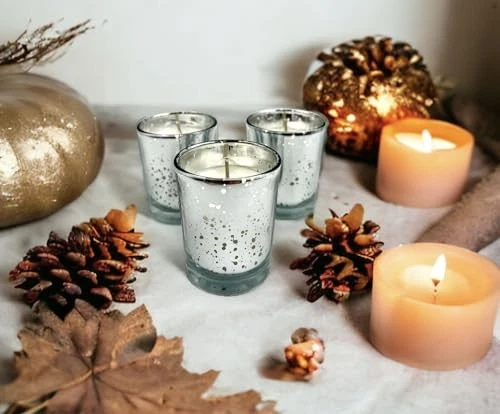  Unscented Mercury Glass Votive Candles, 2" Filled Candle Jars for Silver - Image 2 of 4