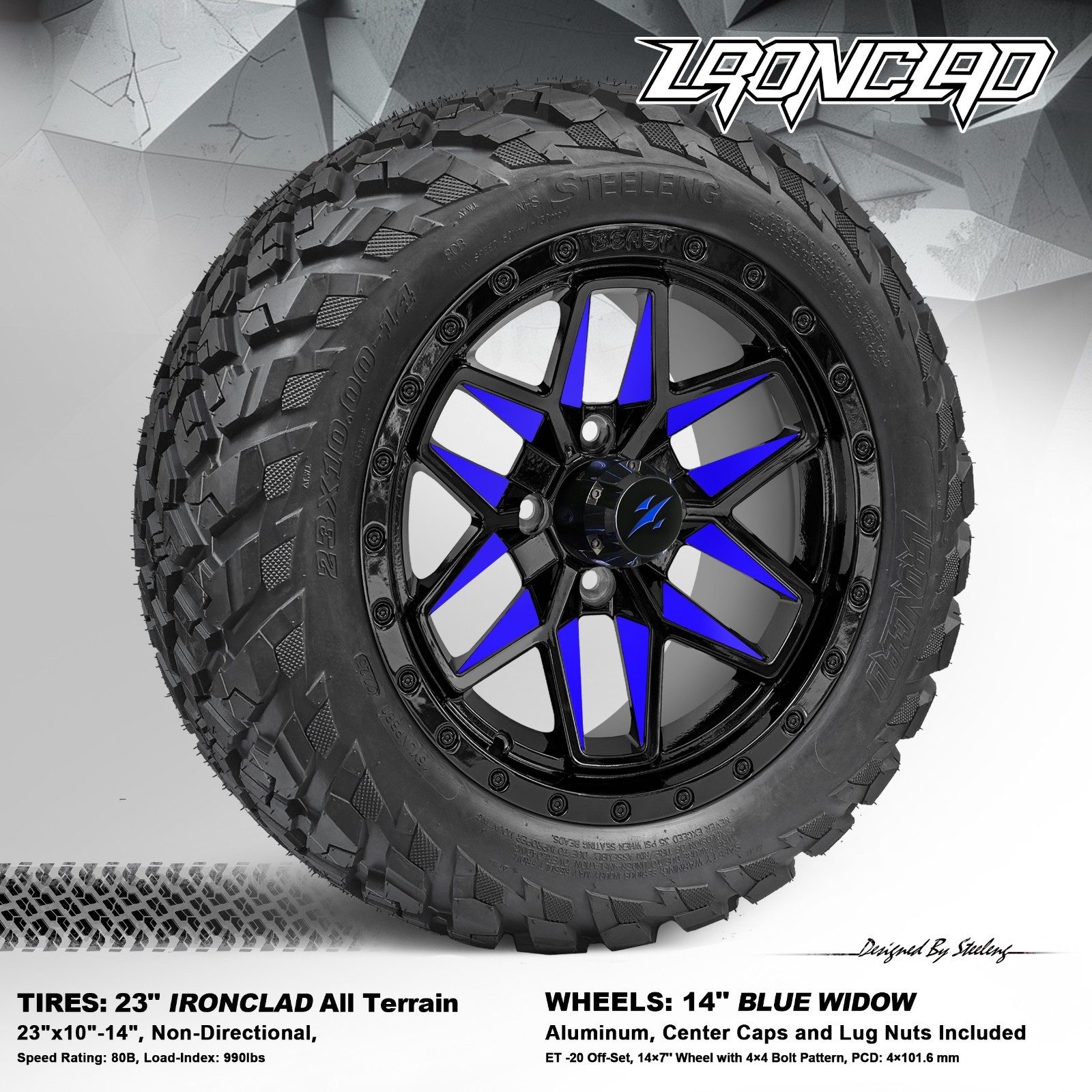 Cart 14"x7" Blue Widow Wheels And 23"x10"-14" Ironclad A/t T