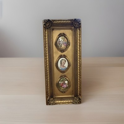Victorian Style Porcelain Plaque Gold Framed Hand Painted Romantic Scenes Art