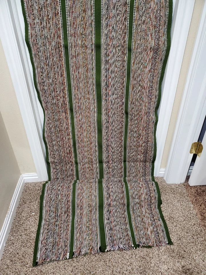 Handwoven Striped Rug – Green Trim – Rustic Boho Style – Approx. 117" x 29" - Image 4 of 4