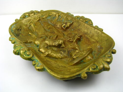 SOLID BRASS PLAQUE ASHTRAY TRAY PICTURE "Boy teases a Dog" France ca1900s Excel - Picture 5 of 12