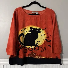 Collections Etc Halloween Shirt with Black Cat & Sequins Vintage Size XXL