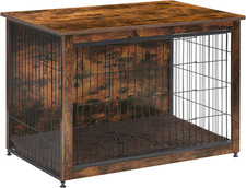 Dog Crate Furniture with Cushion, Wooden Kennel Table with Double Doors, Indoor