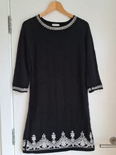 Monsoon Embroidered Jumper Dress M Knee Length Black Ivory Detail 100% Cotton