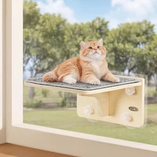 2-In-1 Cat Window Perch & Wall Shelves - Sturdy Solid Wood Frame, 4 Large Rotati