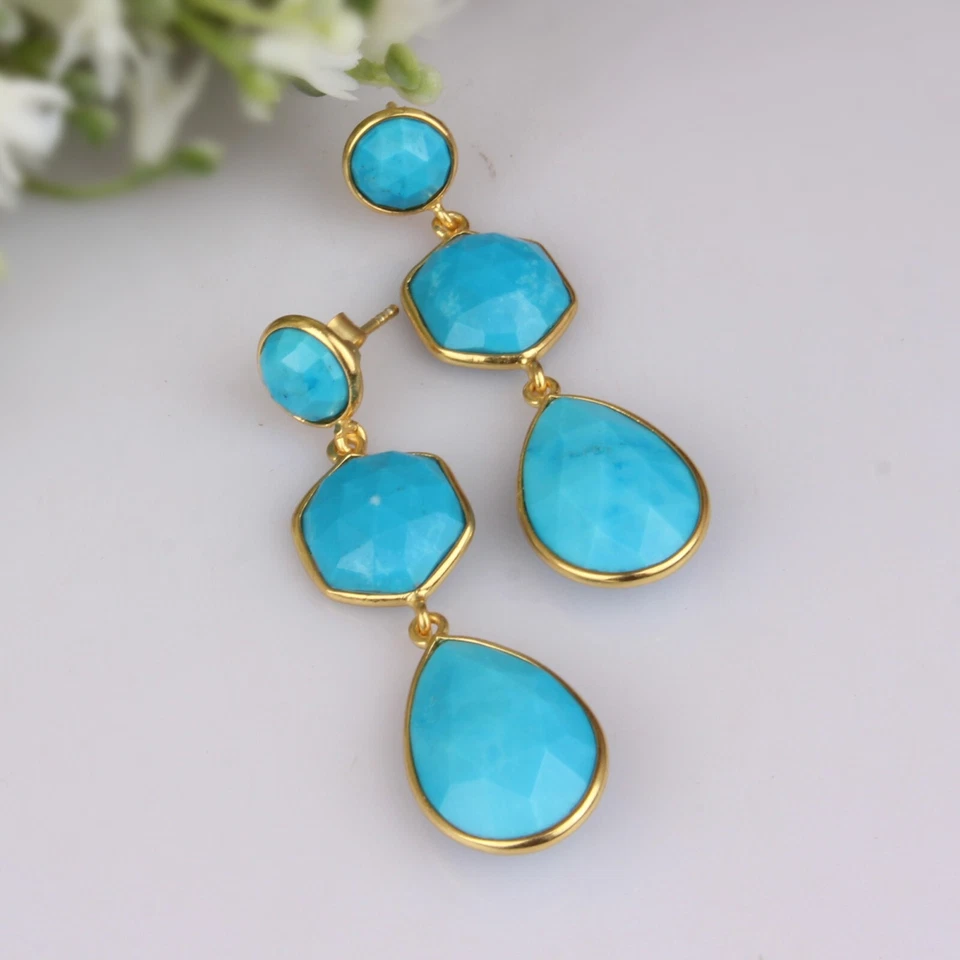 Pendientes colgantes de diseñador enchapados en oro de plata de ley 925 con piedras preciosas turquesa Foto 2 de 4