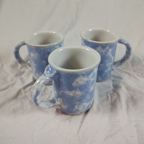 3 Bennington Pottery Blue White Spongeware Mugs - Picture 2 of 9