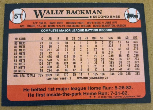 1989 Topps Traded WALLY BACKMAN Baseball Card #5T. MINNESOTA TWINS - Picture 2 of 2