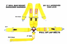 SFI 16.1 PULL UP LAP BELTS RACING HARNESS 5 POINT 3 CAM LOCK YELLOW OR ANY COLOR