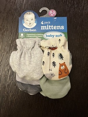 Gerber 4-Pack Soft Cotton Knit Mittens 0-3 Months Gray/Green/Beige Animal