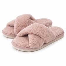 Women Faux Fur Cross Band Slippers Dusty Rose Pink Fuzzy House Slides 40-41