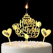 Happy Birthday Cake Candle Topper for Birthday Party Decorations, Acrylic Gol...