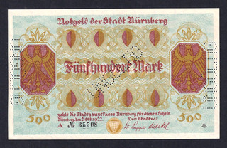 Nürnberg 500 Mark Perforation "UNGÜLTIG" 2.10.1922