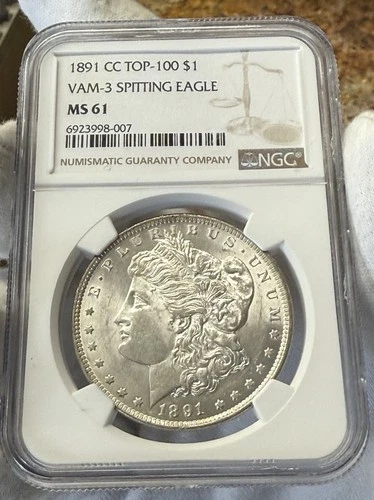 1891-CC $1 MORGAN SILVER DOLLAR VAM-3 SPITTING EAGLE NGC MS61