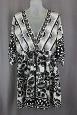 Farm Rio NWT Women's Black Ivory Beige Print Linen Blend Dress Medium Petite