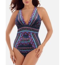 Miraclesuit Odyssey One Piece Swimsuit Multi Color Geo Print V Neck Women's 10