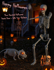 Esqueleto de Halloween posable de 5,4 pies con esqueleto de perro ojos LED efectos de sonido