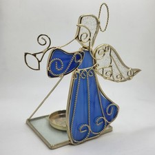 Blue Stained Glass Angel Tealight Candle Holder 6  Gold Wire Trim