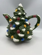 VTG Houston Harvest Ceramic Christmas Tree Teapot Hand Painted Collectible EUC