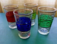 Ornate 4 Oz Turkish Tea Glasses Green Red Purple Metallic Gold Trim NEW COND