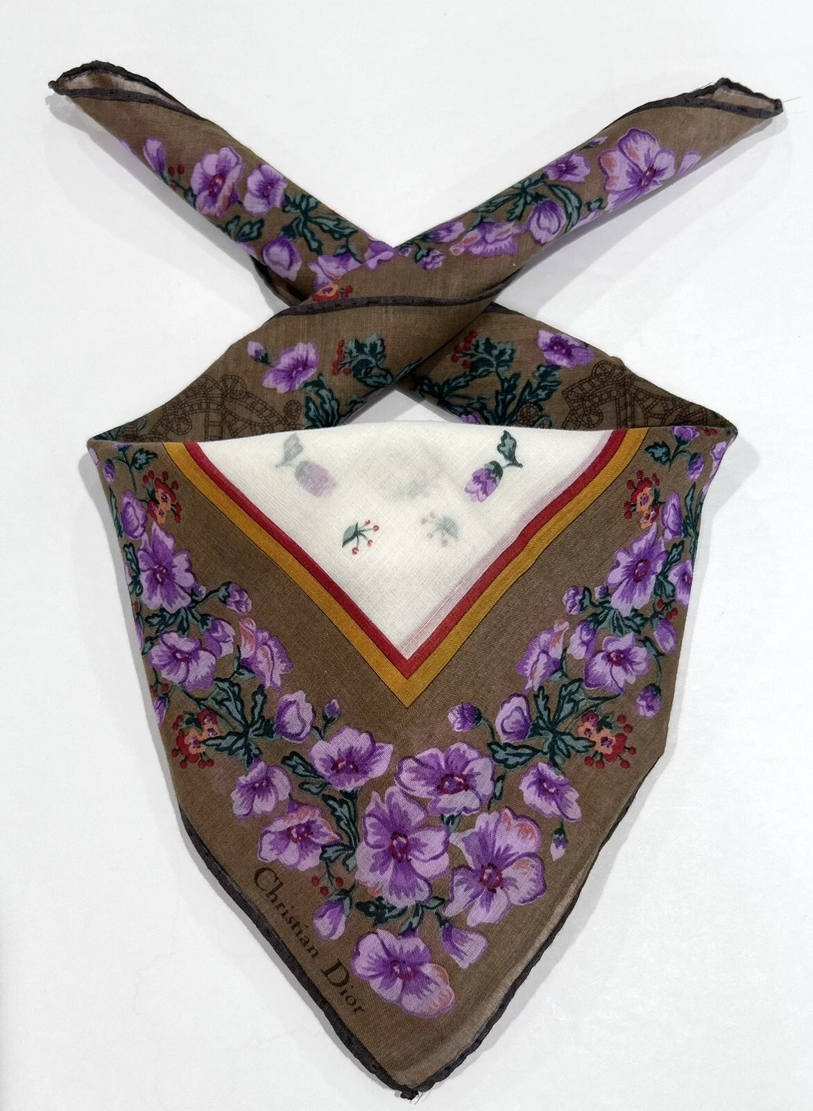 MOUCHOIR FEMME CHRISTIAN DIOR violet BANDANA FLORAL COTON POCHE CARRÉ 18”
