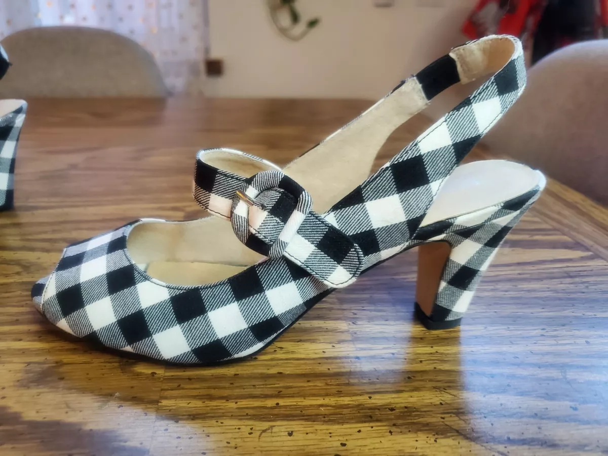Chelsea Crew LIBERTY Plaid Satin SLINGBACK Pump 38 7.5 Peep Toe Heel Vintage B W