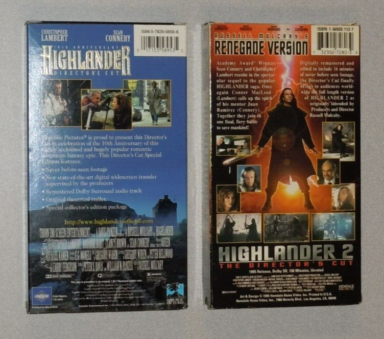 Highlander 1 & 2 VHS Two Movie Box Set Director's Cut Renegade