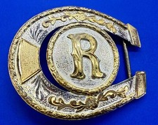 Custom Initial Letter R on Lucky Horseshoe Two Tone Ornate Western Belt Buckle