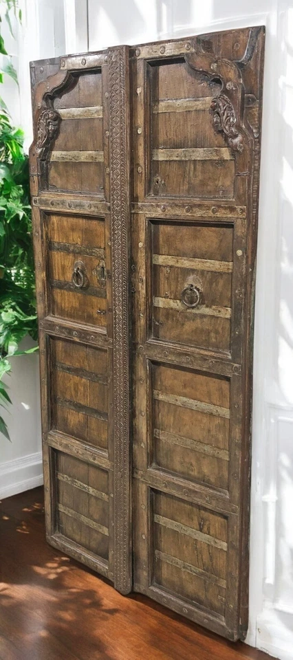 Antique Teak Wood Big Size Wall Décor Door Panel Original Old Hand Carved 3x6 ft - Image 2 of 4