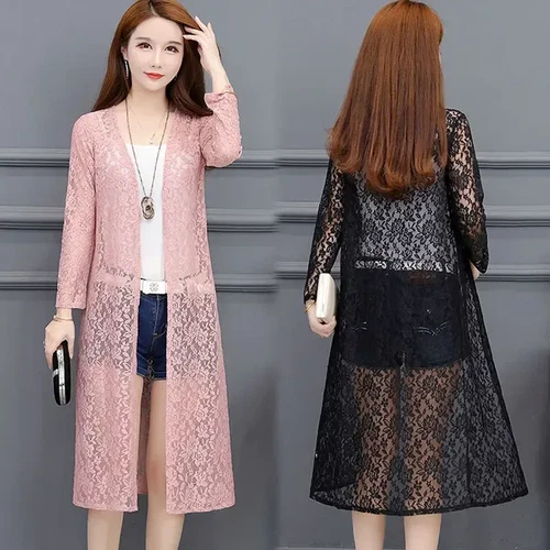 Women Lace Kimono Cardigan Sheer Floral Midi Shawl Jacket Open Front Robe - Picture 5 of 21