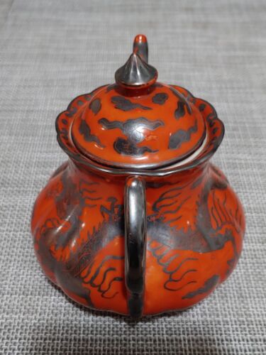 Antique Japanese Red Coral Glazed Porcelain Silver Dragon Clouds Tea Sugar Jar - Picture 3 of 24