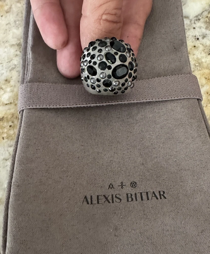 100% Authentic Alexis Bittar Silver Gray Lucite Black Onyx Crystal Dusted Ring
