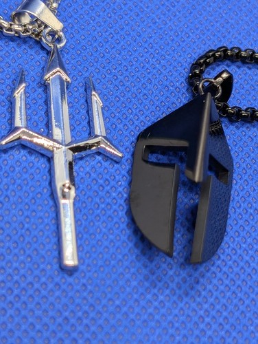 Black Stainless Roman Spartan Gladiator Helmet 22" Necklace + Free Trident - Picture 4 of 8