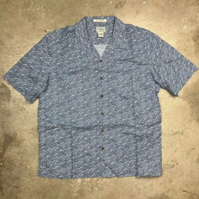 Vintage LL Bean Camp Collar Wave all over print Large loop short sleeve button