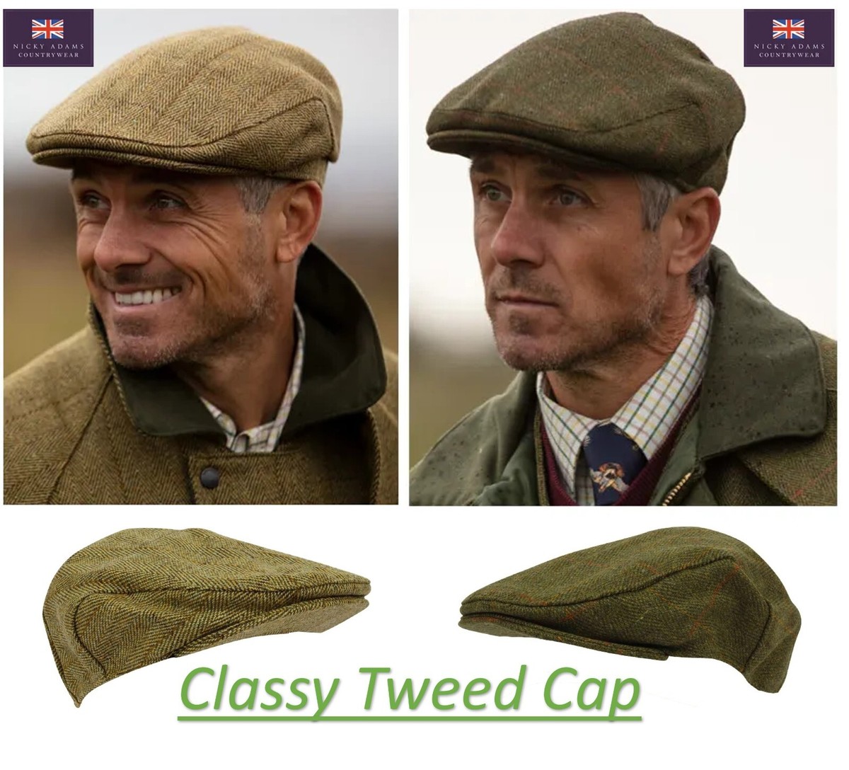 Mens Tweed Flat Cap Country Derby Wool Shooting Hat New Teflon Coated Hunt
