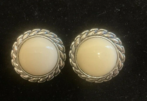 White & Silver Braiding Round Clip On Earrings