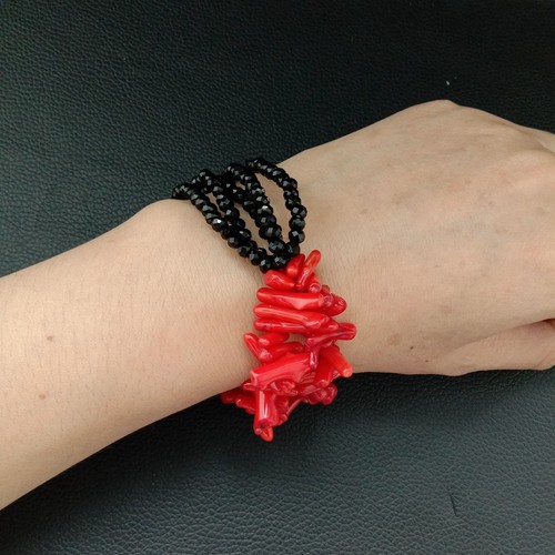 22'' 5Strands Red Coral Black Crystal Necklace Bracelet Set - Picture 6 of 6
