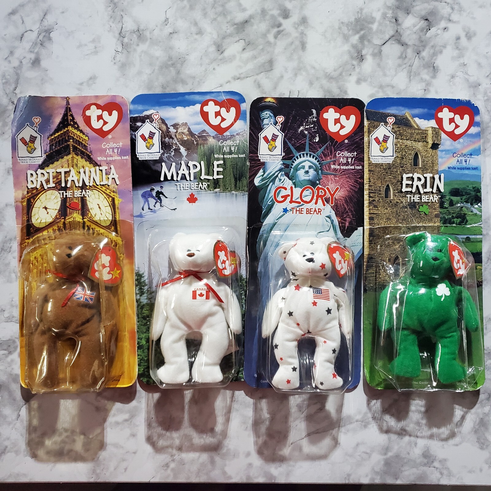 Ty McDonalds Teenie Beanie 1999 Britannia ,Erin ,Maple and Glory the Bear ERRORS