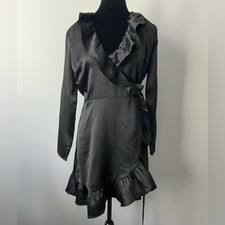 Bar III Petite Ruffled Tie-Waist Wrap Dress Black Size Small