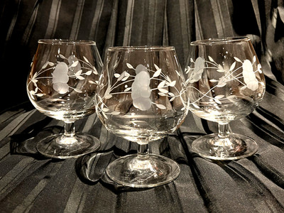 3 x Vintage Princess House Heritage Etched Brandy Snifters Mint/Exc Condition