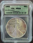 1992 ASE ICG  MS69  American Silver Eagle 1 oz .999 Fine Silver $1 Coin