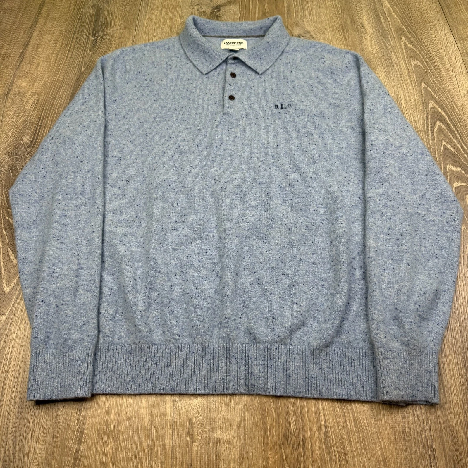 Lands' End Mens Blue Long Sleeve Cashmere Pullover Polo Sweater Size XL (46-48)