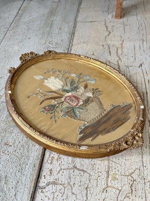 Antique French Framed Silkwork Silk Work Embroidery Floral Basket Gold Oval Fra