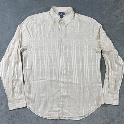 HM Shirt Mens M Regular Fit Cream Tonal Satin Stripe Button Down Long Sleeve