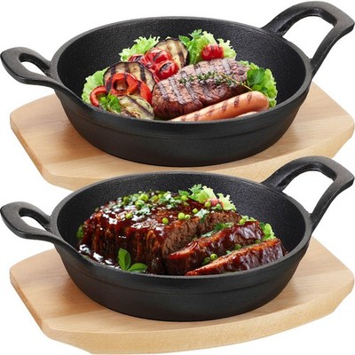 Small Cast Iron Skillets 2 Set 6.3 Inch with Wooden Base Mini Round Pan