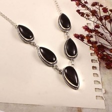 Black Onyx Gemstone Necklace 925 Sterling Silver Handmade Adjustable Jewelry S92